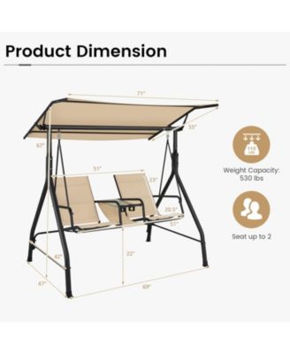 2-Seat Outdoor Cushioned Porch Swing with Adjustable Canopy and Tempered Glass Table
