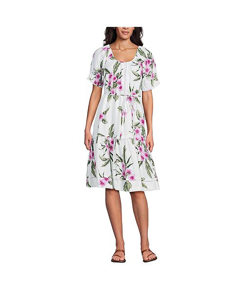 alfani Lands' End Women's Puff Sleeve Pleated Linen Knee Length Dress Women's Fashion Shoes & Accessories
