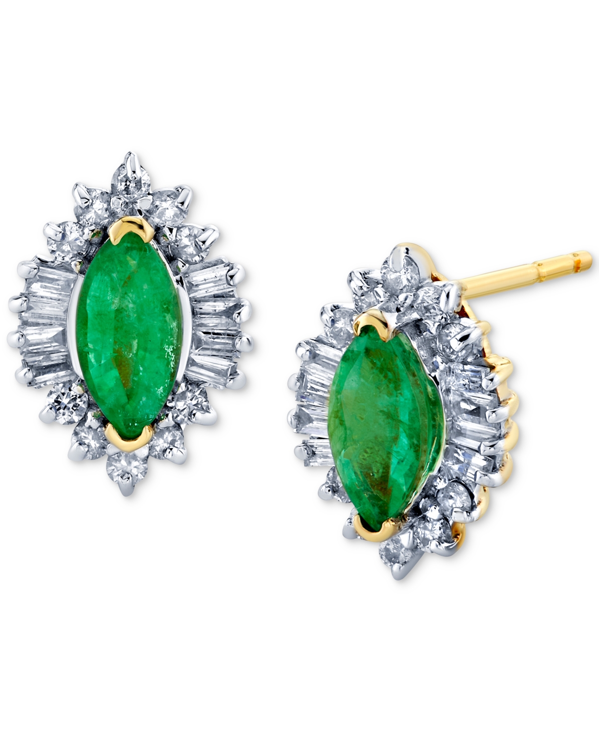 Macy's Emerald (3/4 Ct. T.w.) & Diamond (3/8 Ct. T.w.) Baguette Halo Stud Earrings In 10k Gold