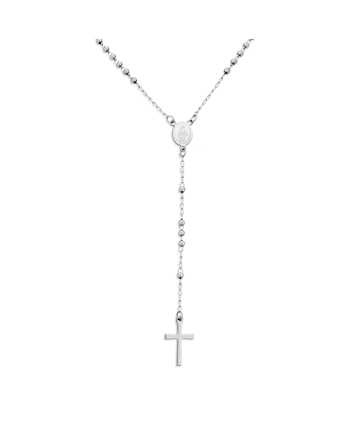 Bling Jewelry Religious Christian Virgin Mary and Cross Rosary Chain Drop Necklace Silver Tone