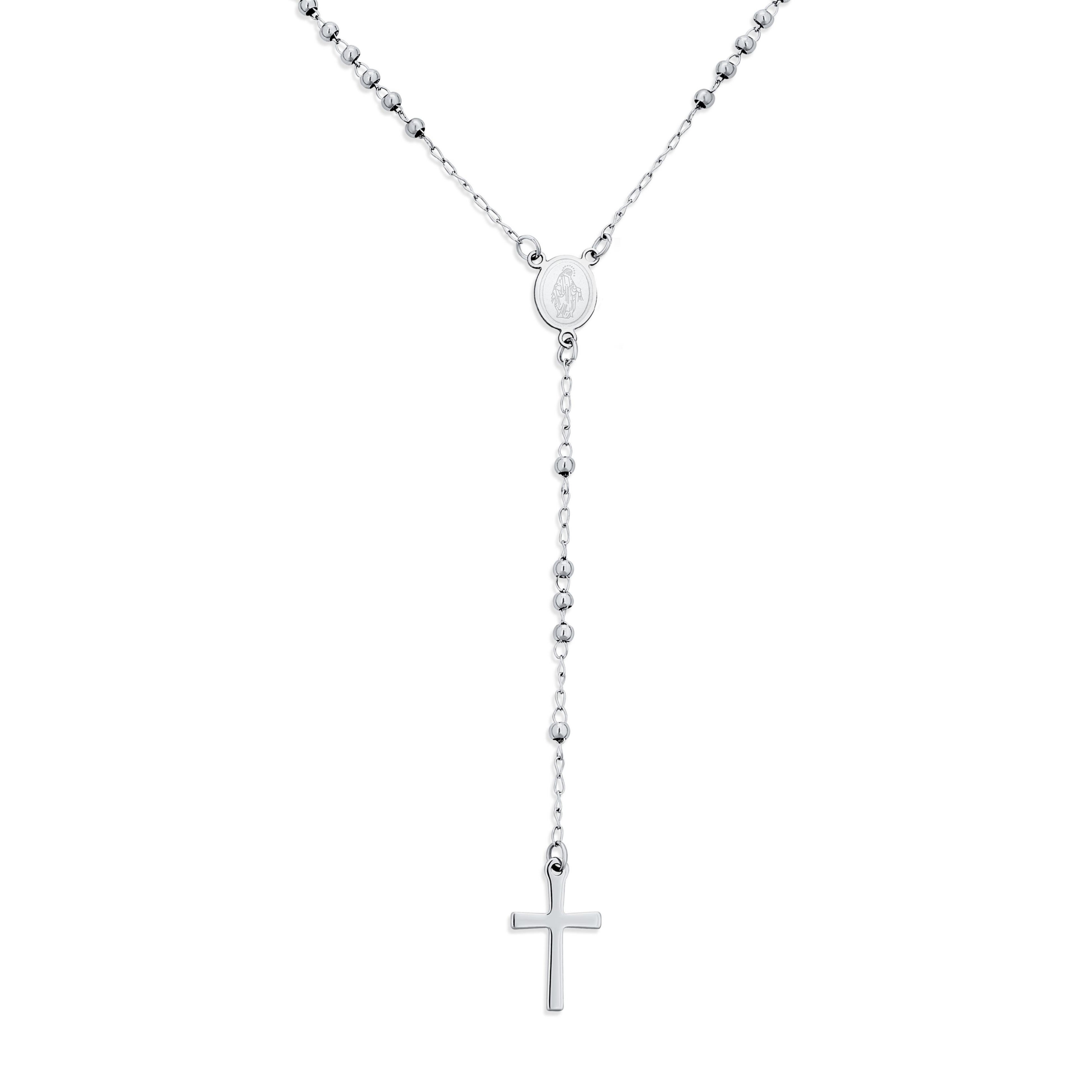 Bling Jewelry Religious Christian Virgin Mary and Cross Rosary Chain Drop Necklace Silver Tone