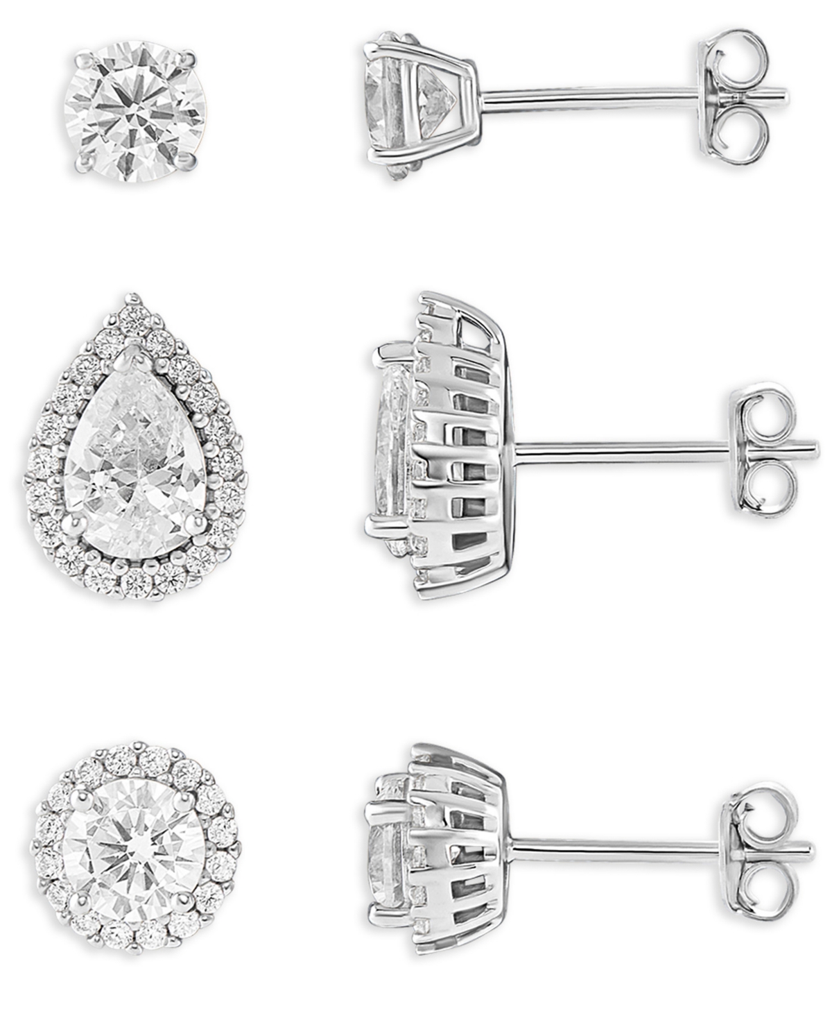 3-Pc. Set Cubic Zirconia Halo & Solitaire Stud Earrings in Sterling Silver, Exclusively at Macy's - Silver