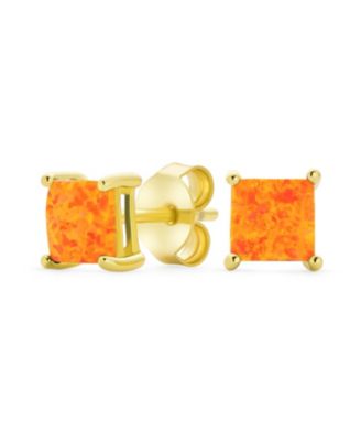 Classic White Fire Orange Green Blue Opulence Created Opal Square Princess Cut Stud Earrings Yellow Gold Plated Sterling Silver 5MM