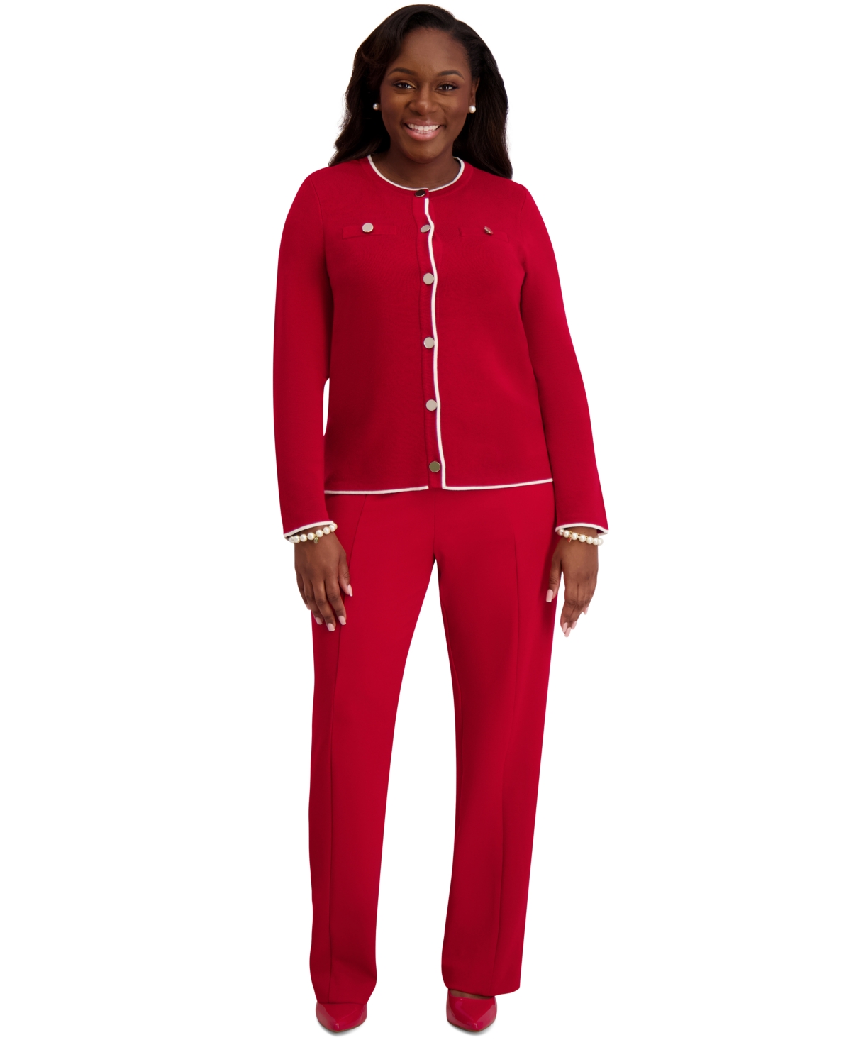 Kasper Round-neck Long-sleeve Button Front Cardigan, Regular & Plus