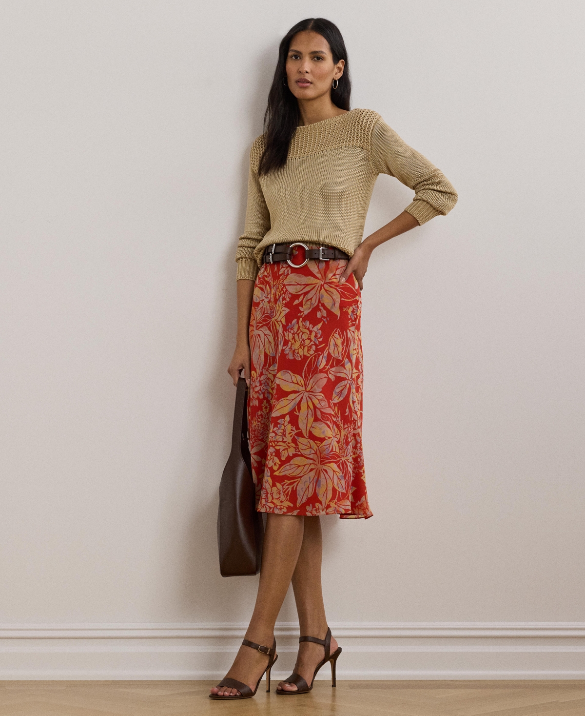 Women's Floral Crinkle Georgette Midi Skirt - Red Multi