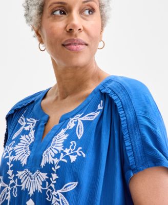 Women's Embroidered Split-Neck Dress, Exclusively at Macy's