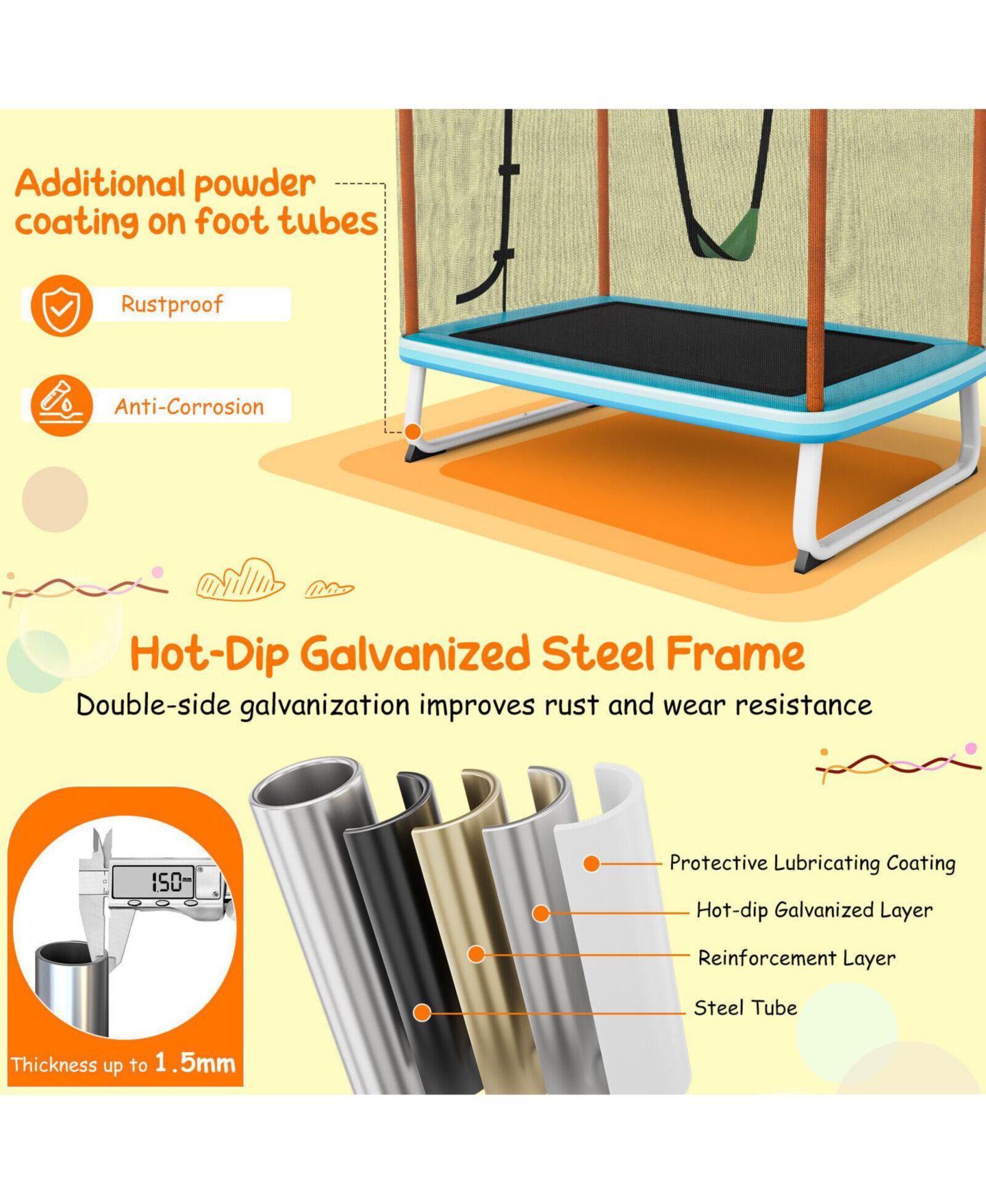 Детская игрушка Mecale 6 Feet Rectangle Trampoline with Swing Horizontal Bar and Safety Net, цвет: Оранжевый — фото 5