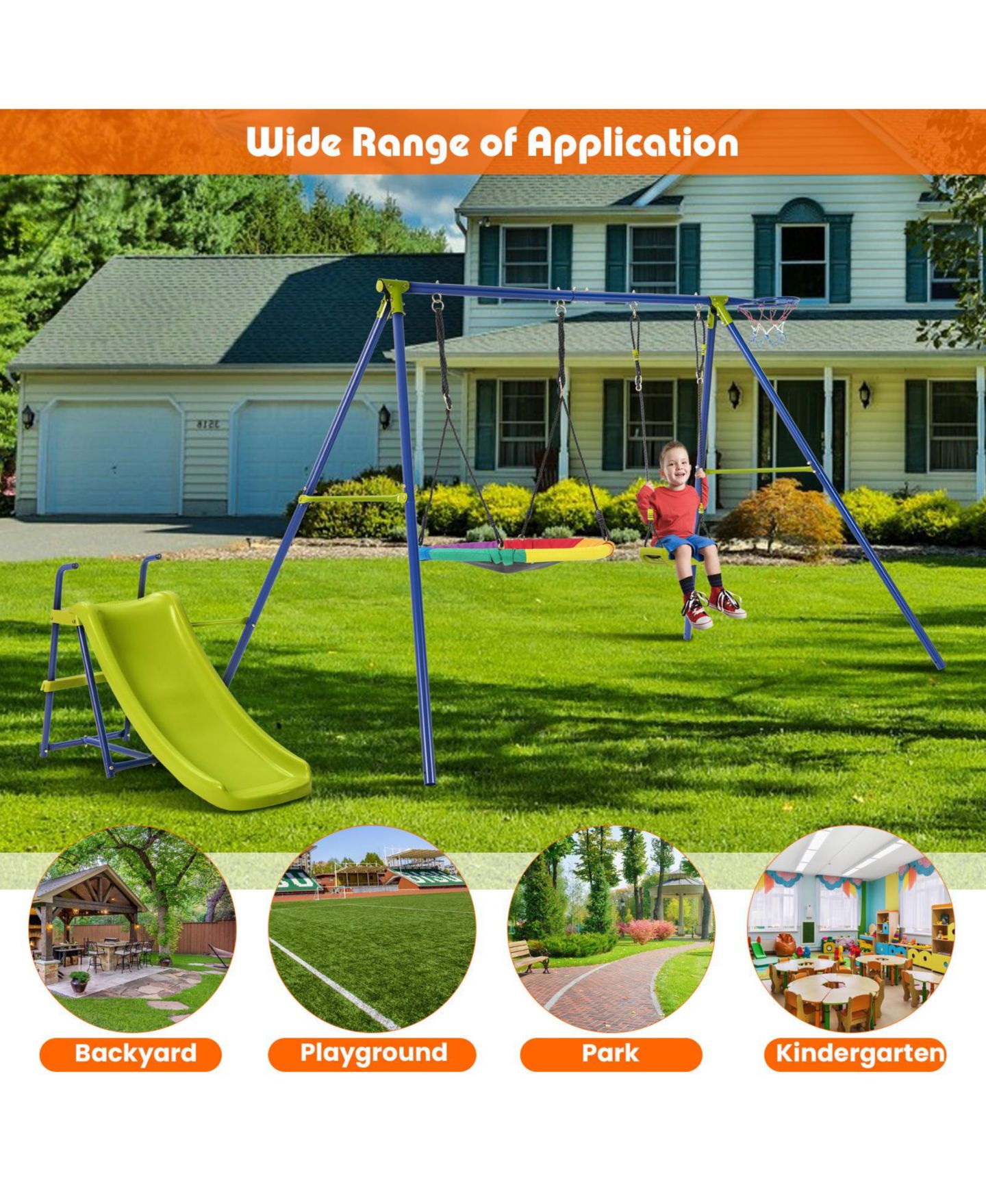 Детский игровой набор Mecale 4-in-1 Heavy-Duty Metal Playset with Slide and Basketball Hoop, цвет: Синий — фото 8