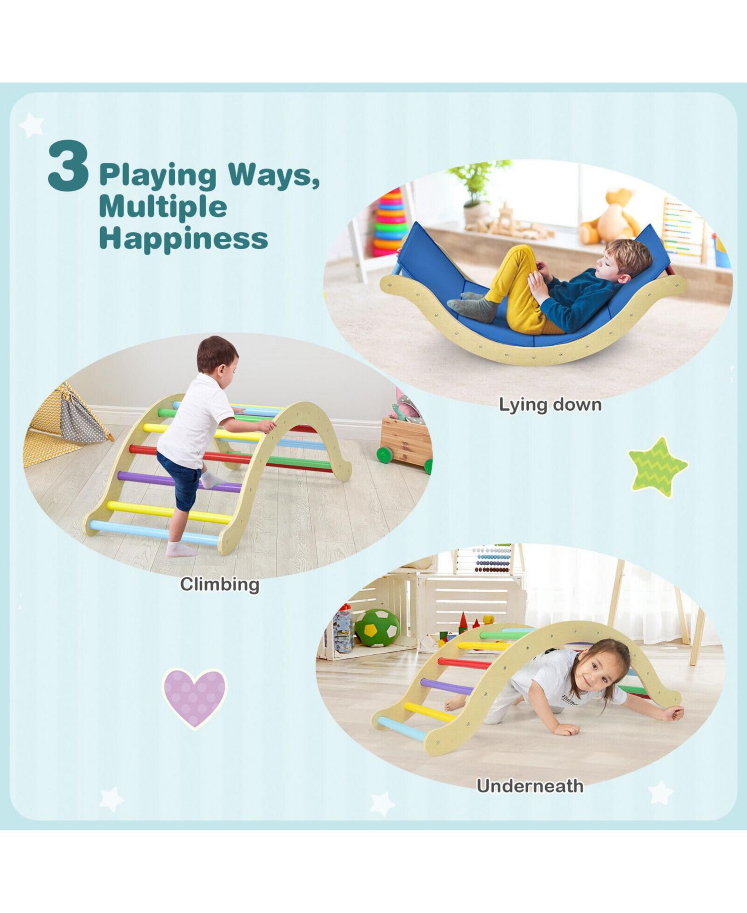 3-in-1 Wooden Climbing Arch, Ramp, and Cushion Pad, 3-Piece Set