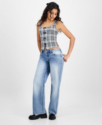 Juniors Just Polly Menswear Bow Trim Vest Top Celebrity Pink Low Rise Baggy Jeans