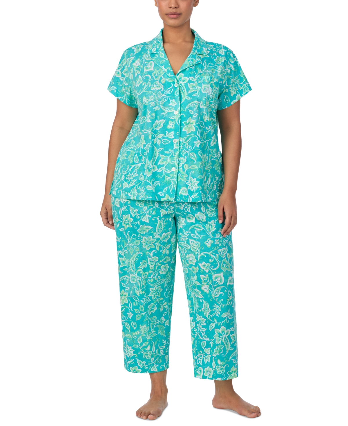 Shop Ralph Lauren Plus Size Short-sleeve Notch-collar Cropped Pajama Set