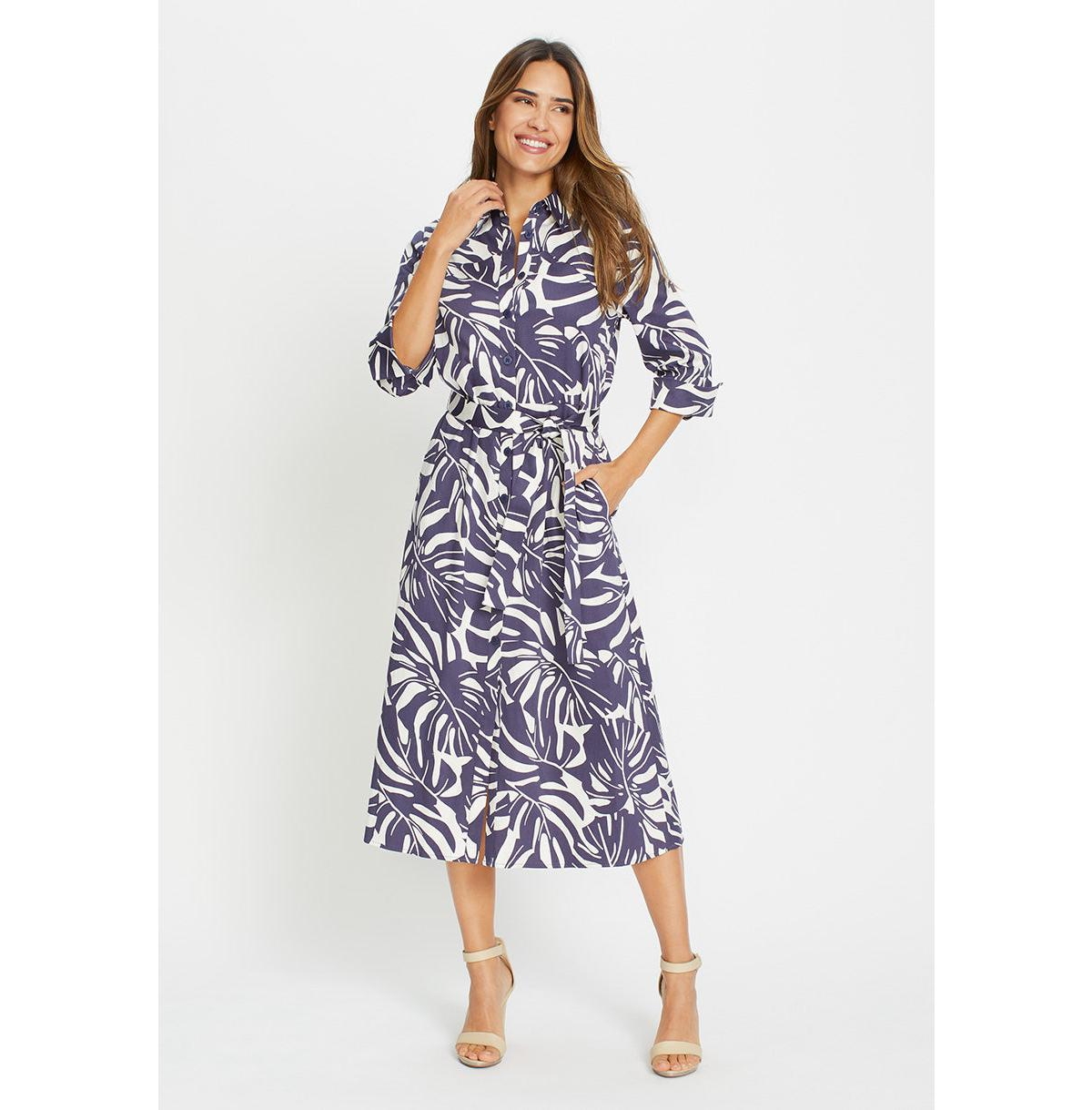 Women's Palm Print A-Line Midi Shirt Dress - Indigo denim