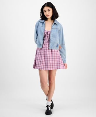 Juniors Denim Jacket Kingston Grey Plaid Mini Dress