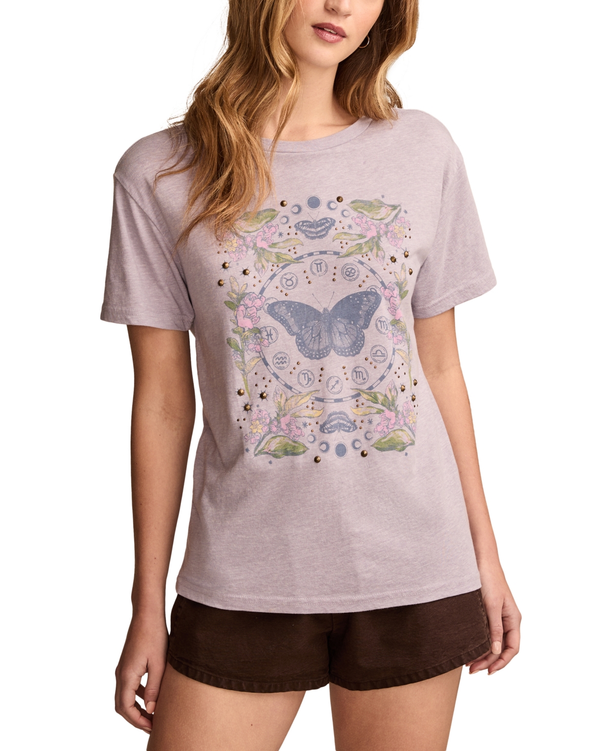 LUCKY BRAND WOMEN'S ZODIAC FLORAL BUTTERFLY BOYFRIEND T-SHIRT 