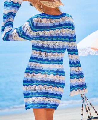 Women's Rolling Waves Blue Cover-Up Mini Beach Dress