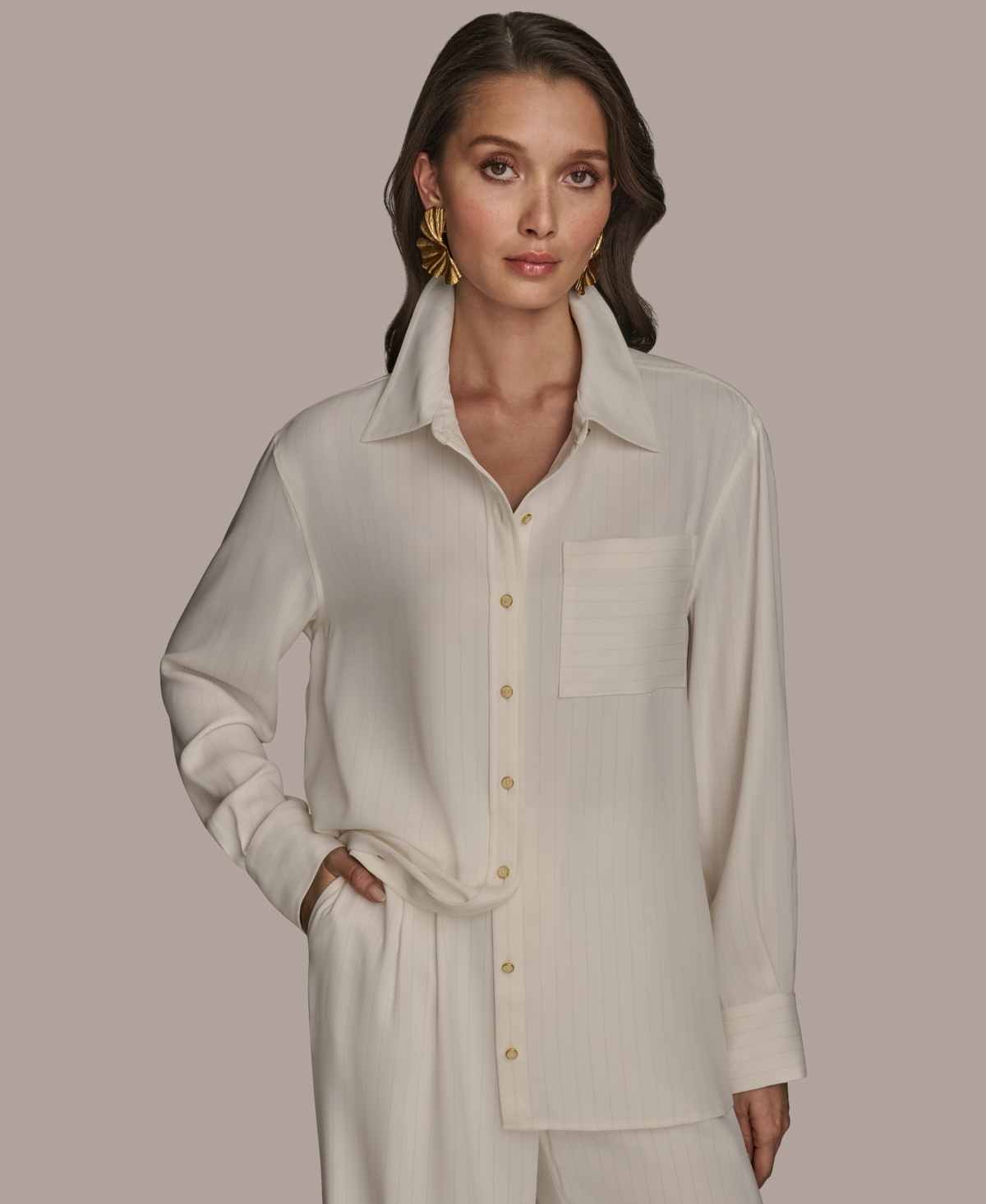 Women's Long Sleeve Pinstripe Button-Down Shirt, Regular & Petite - Cream/Tuscan Grey
