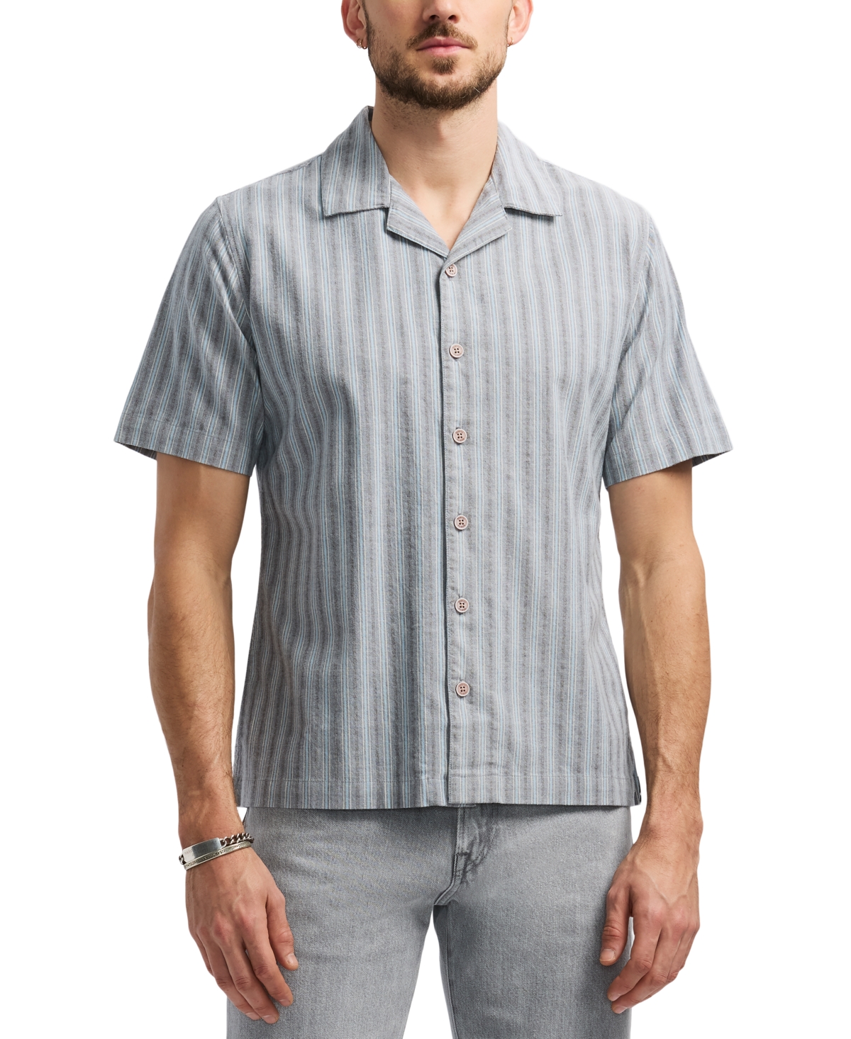 Men's Salaman Short Sleeve Striped Button-Front Camp Shirt - Green Olive