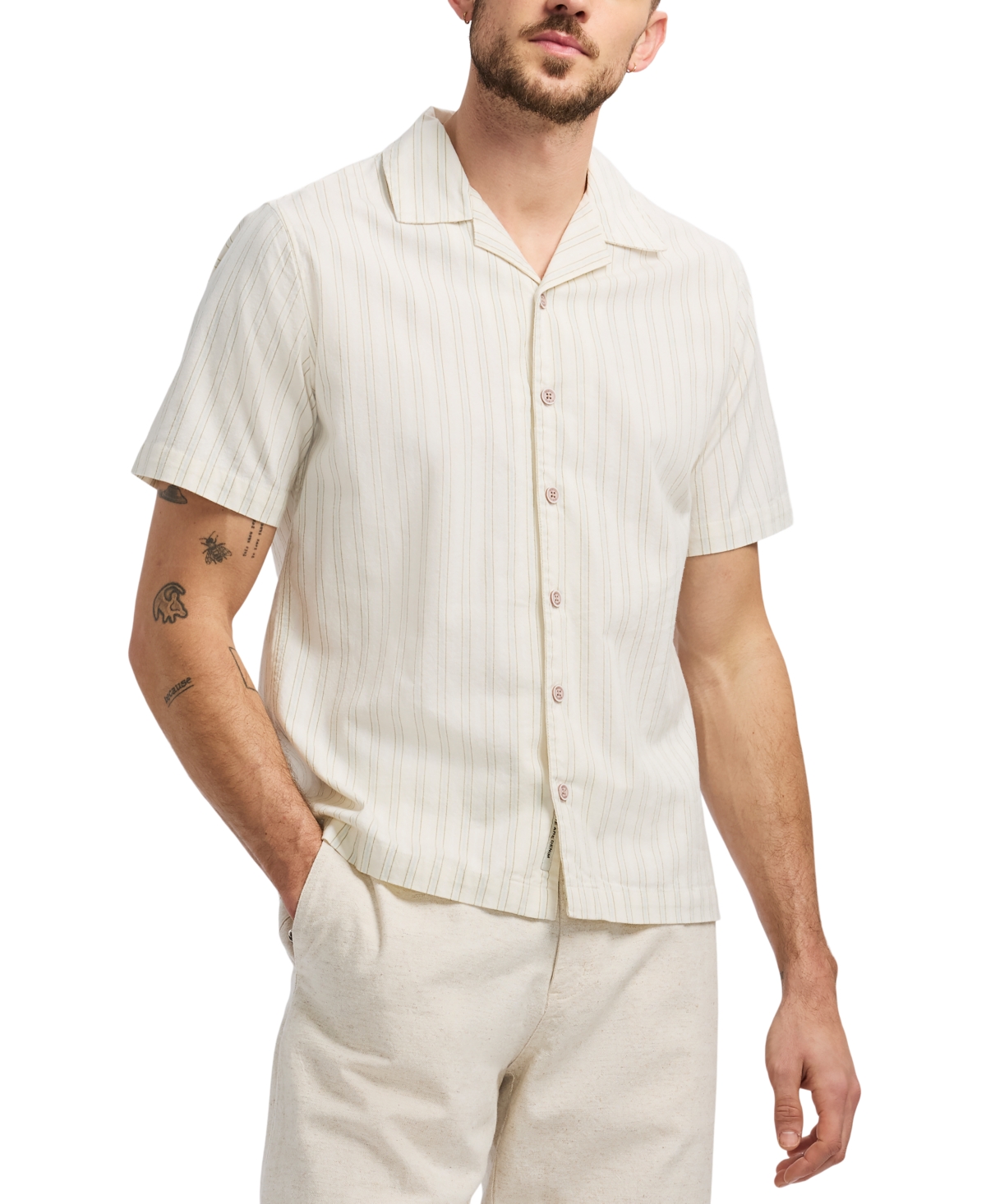 Men's Salaman Short Sleeve Striped Button-Front Camp Shirt - Green Olive