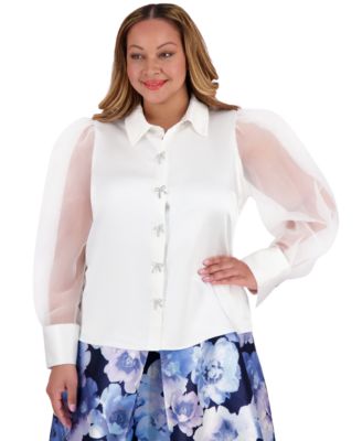 Plus Size Bow-Trim Bishop-Sleeve Blouse 