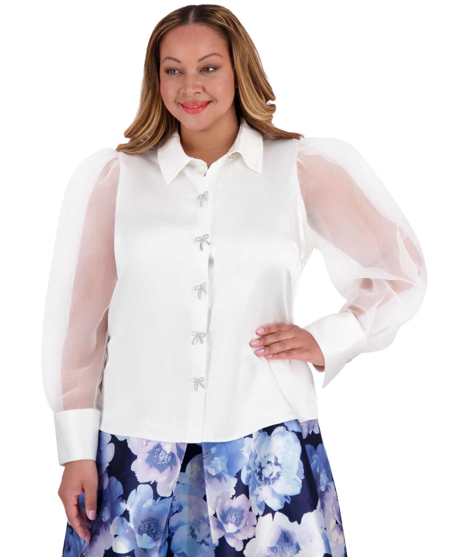 Plus Size Bow-Trim Bishop-Sleeve Blouse