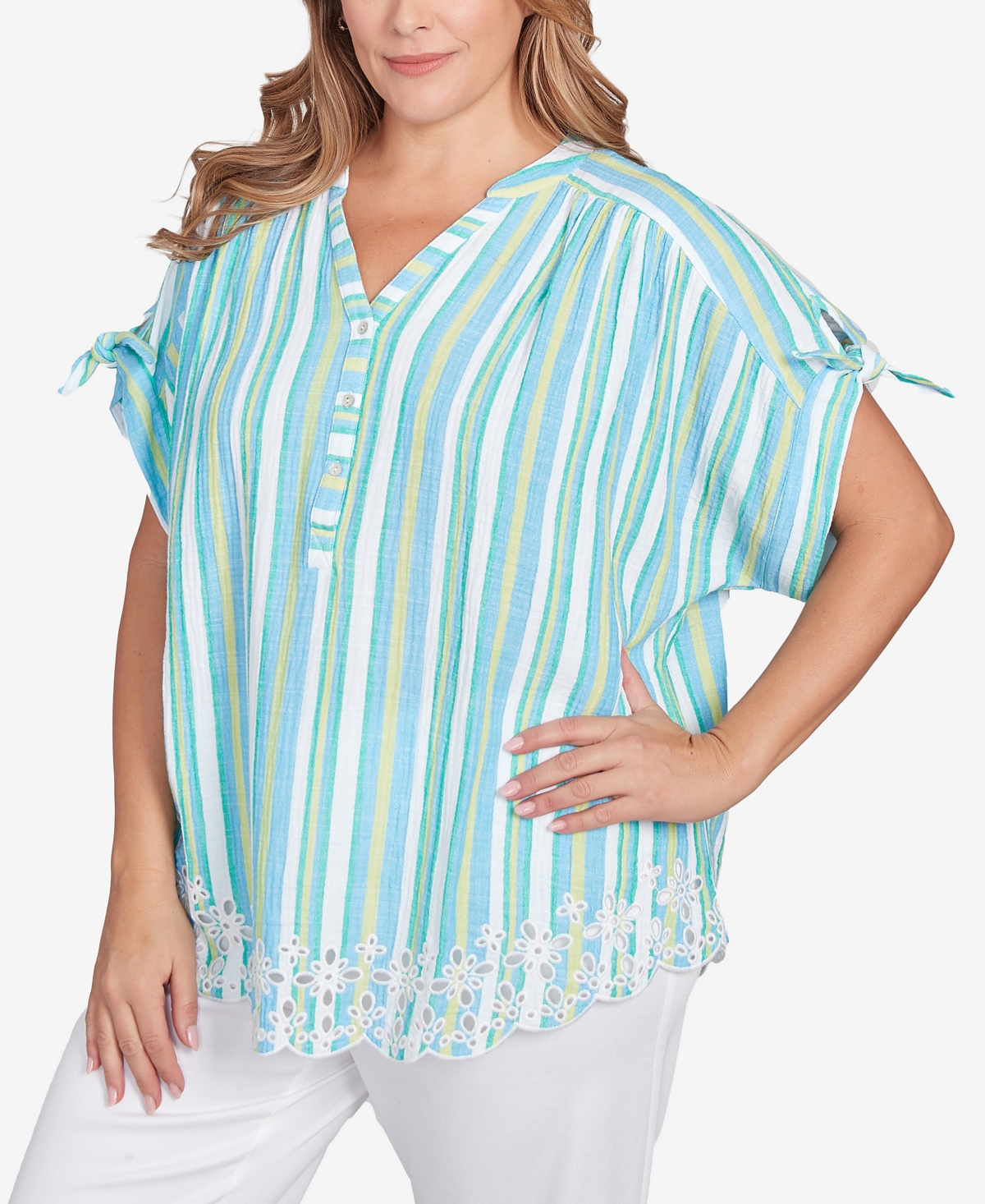 Ruby Rd. Plus Size Scalloped Stripe Embroidered Tie Sleeve Top In Blue