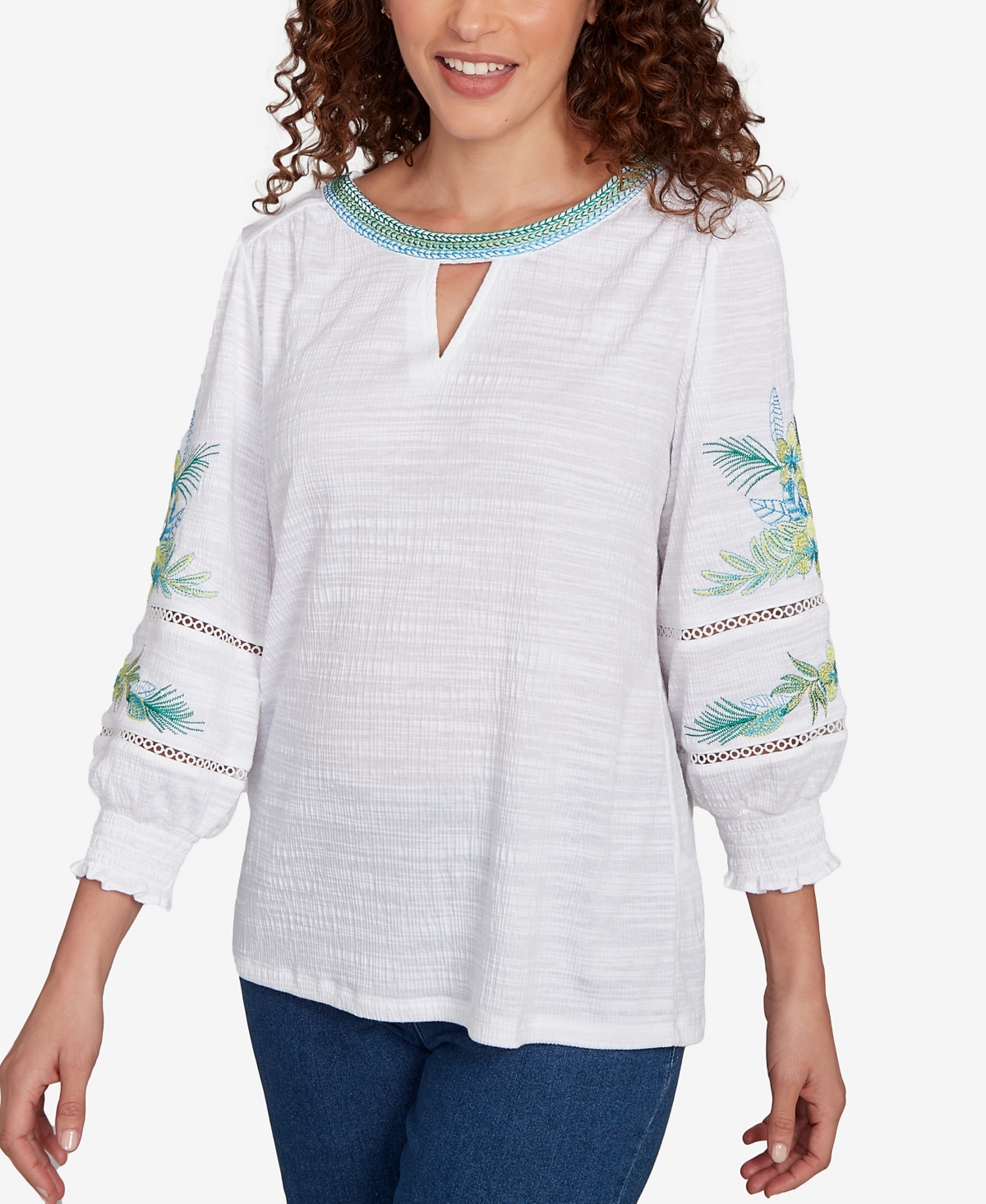 Ruby Rd. Plus Size Solid Embroidered Textured Knit Top