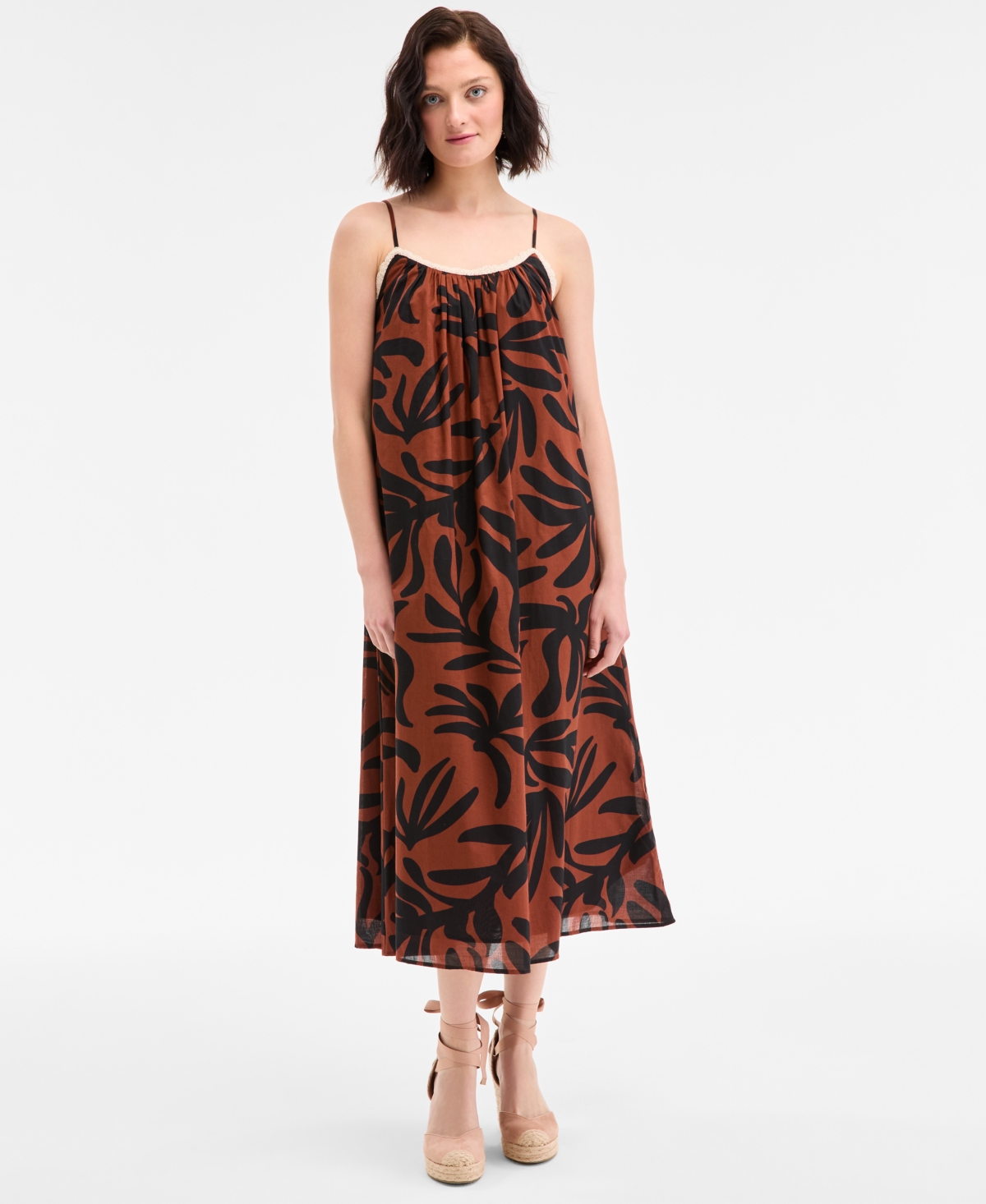 Women's Crochet Detail Midi Slip Dress, Exclusively at Macy's - Dark Bricks Combo
