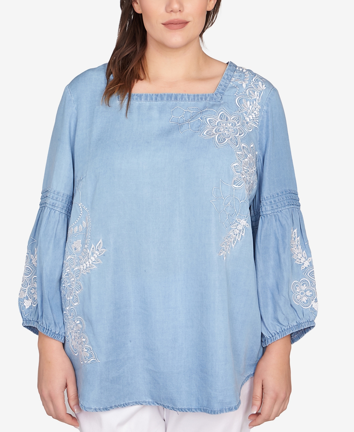 Plus Size Floral Embroidered Tencel Top - Medium Blue