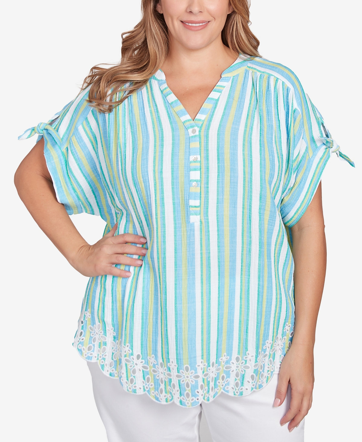 Ruby Rd. Plus Size Scalloped Stripe Embroidered Tie Sleeve Top In Blue