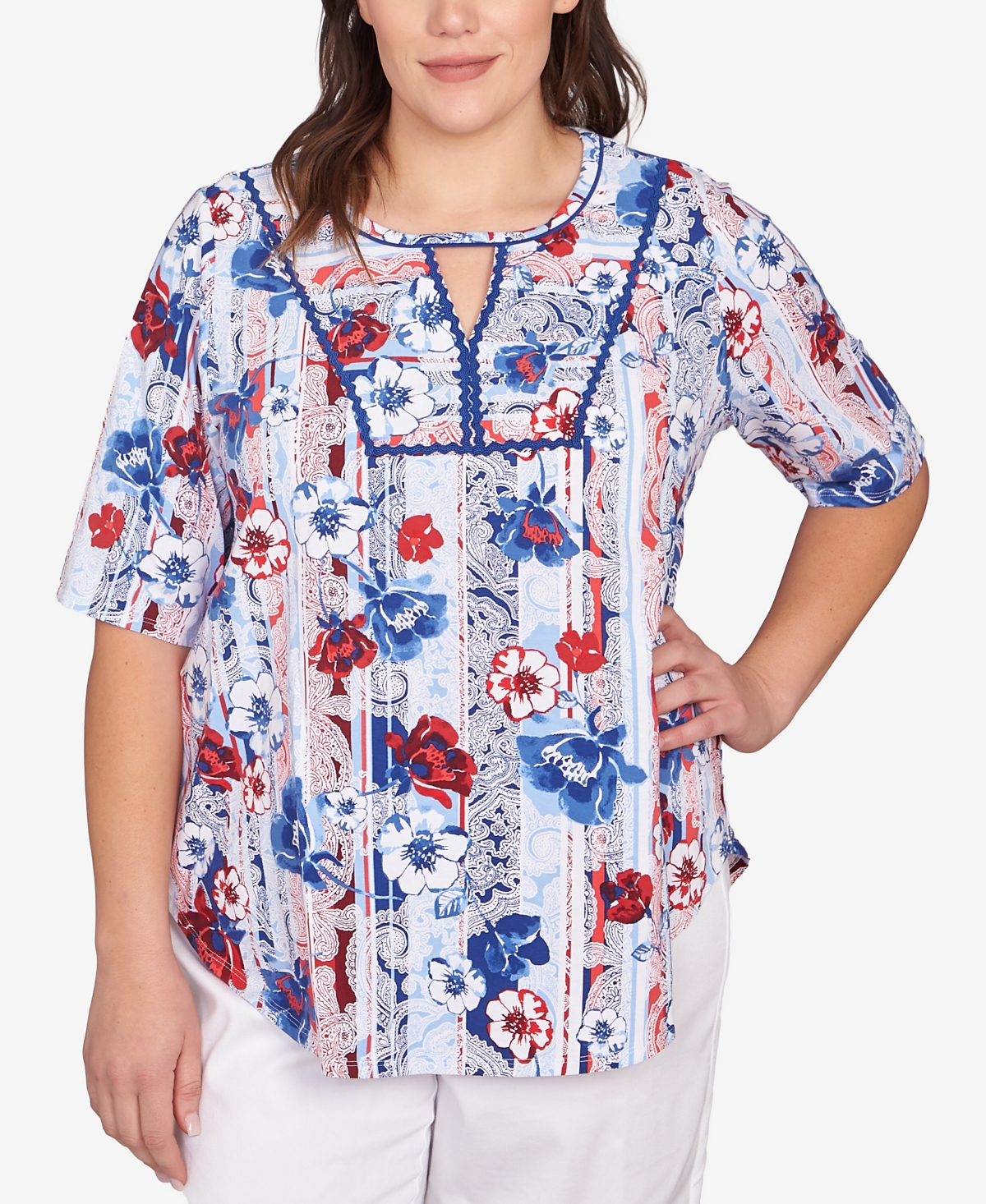 Plus Size Riviera Floral Stripe Print Knit Top - Red Multi