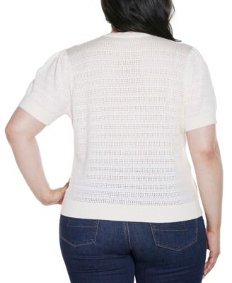 Plus Size Pointelle Scalloped-Placket Cardigan Sweater