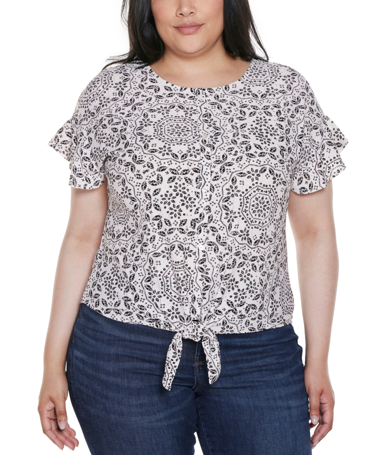 BELLDINI PLUS SIZE PRINTED EYELET TIE-FRONT KNIT TOP 