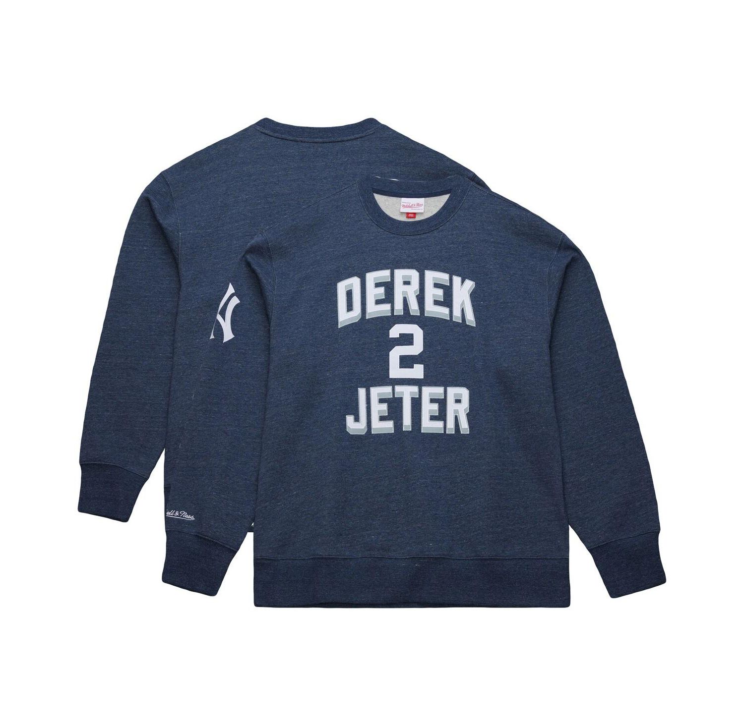 Men's Derek Jeter Heather Navy New York Yankees Legends Collection Vintage Logo Fleece Name & Number Pullover Sweatshirt
