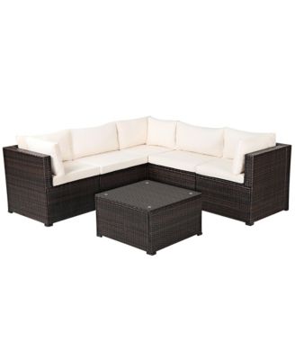 6PCS Rattan Patio Sectional Sofa Conversation Set Outdoor w/ Beige Cushions