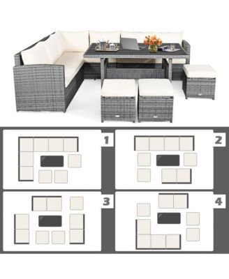 7PCS Rattan Patio Sectional Sofa Set Conversation Set w/ White Cushions
