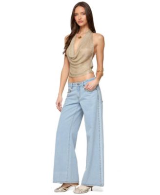 Women's Shiny Knit Cowl Neck Backless Top