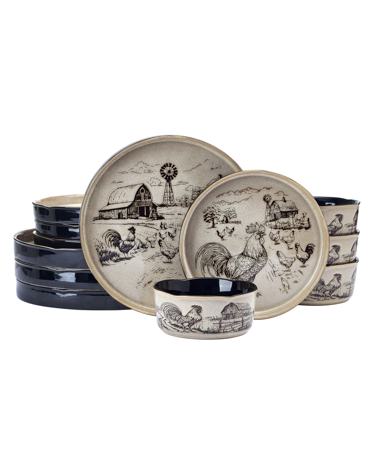 Farmyard Rooster 12-Pc. Dinnerware Set, Service for 4 - Brown