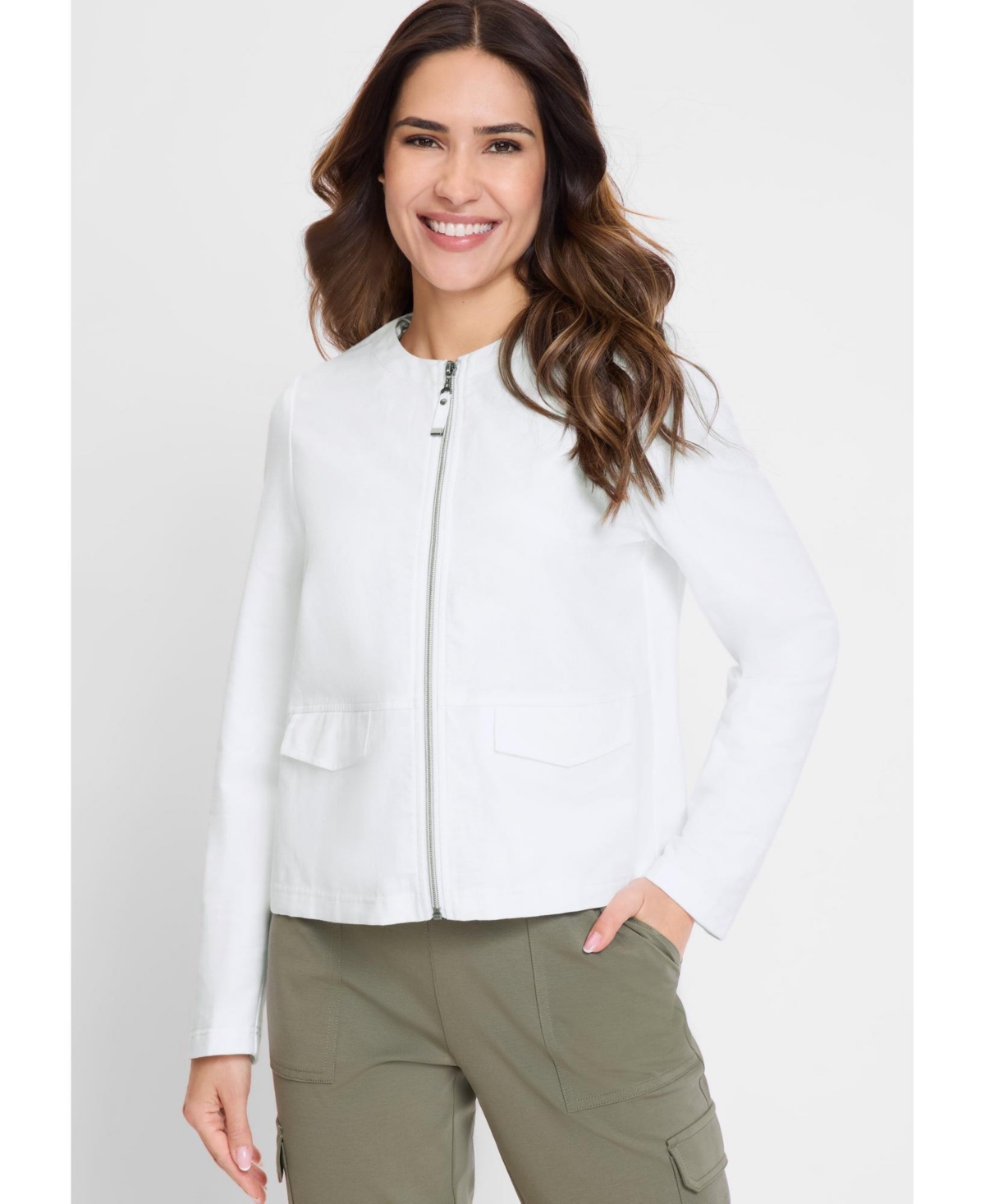 Women's Mixed Media Zip Front Jacket - White
