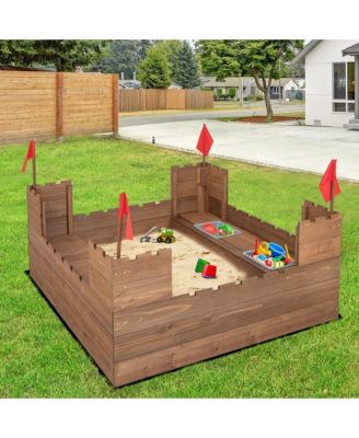 Solid Wood Kids Sandbox w/ 2 Bench Seats Outdoor Sandpit w/ Storage Box & Flags