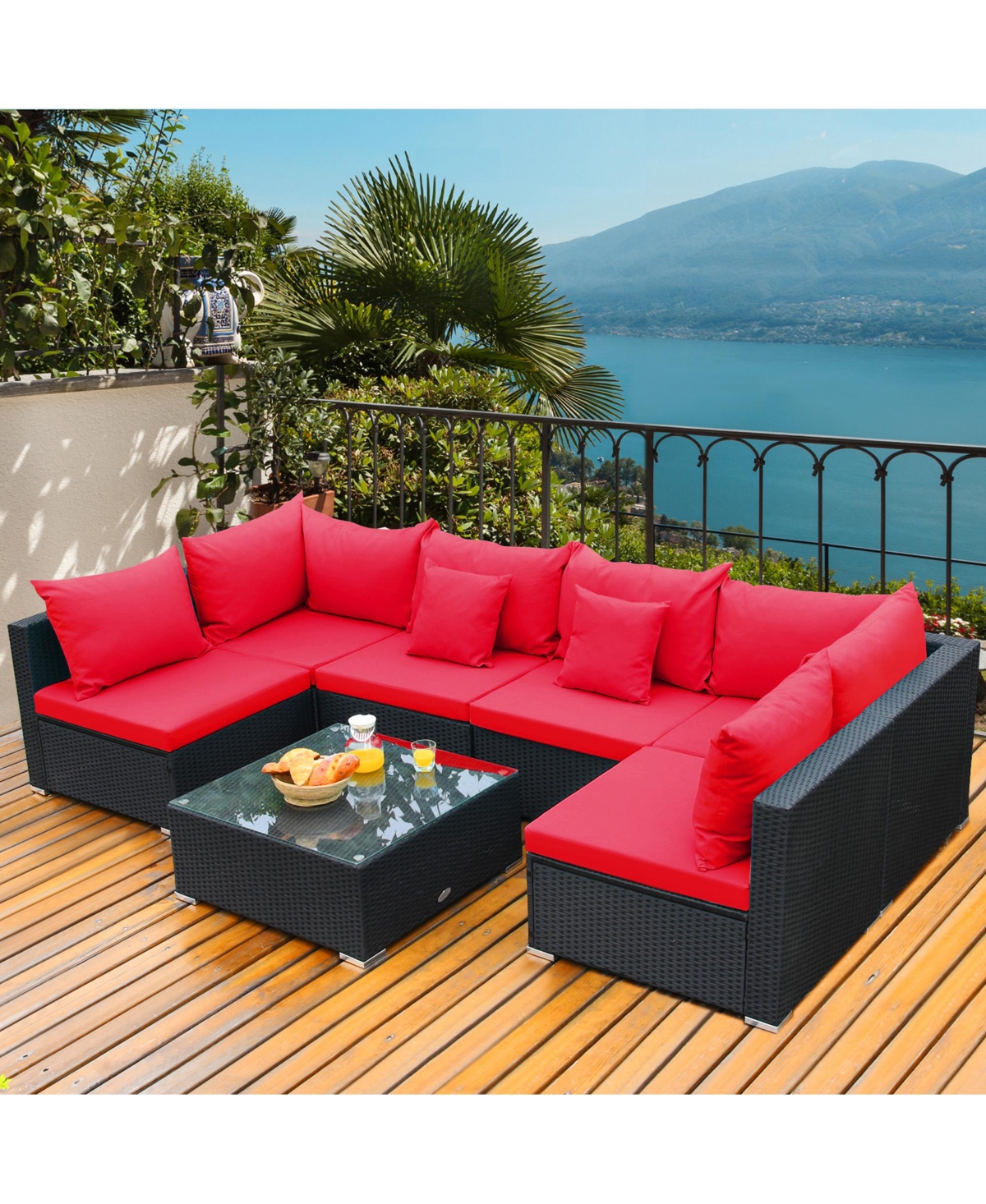 Gymax 7PCS Rattan Patio Conversation Set Sectional Furniture Set w/ Red Cushion