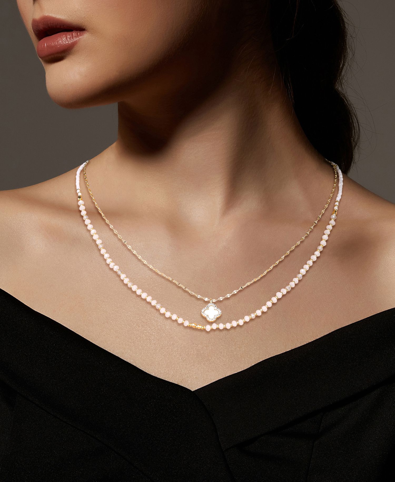 Labradorite Stone Mother of Pearl and Cubic Zirconia Clover Layered Necklace Set