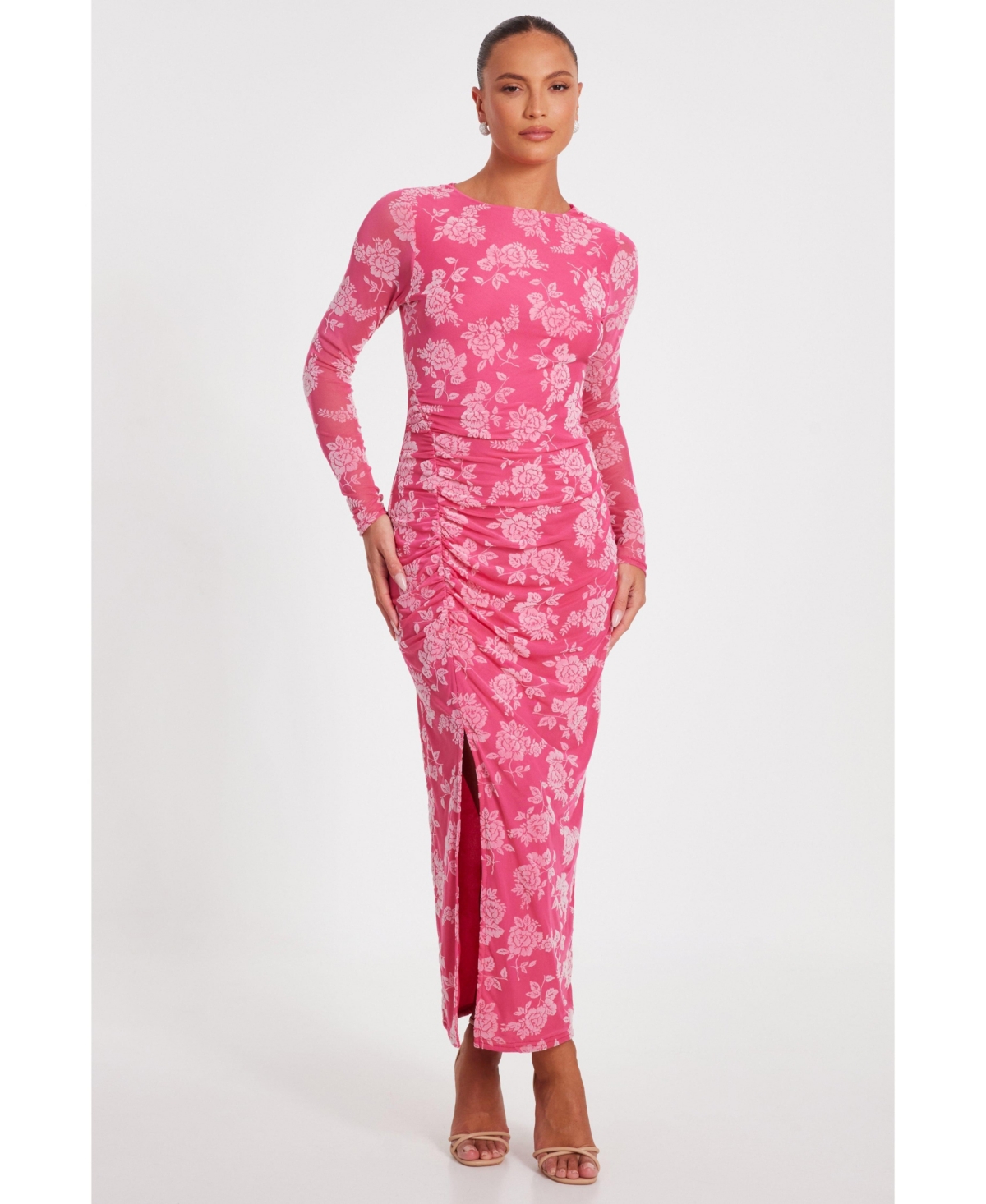 Women's Floral Flocked Mesh Maxi Dress - Magenta