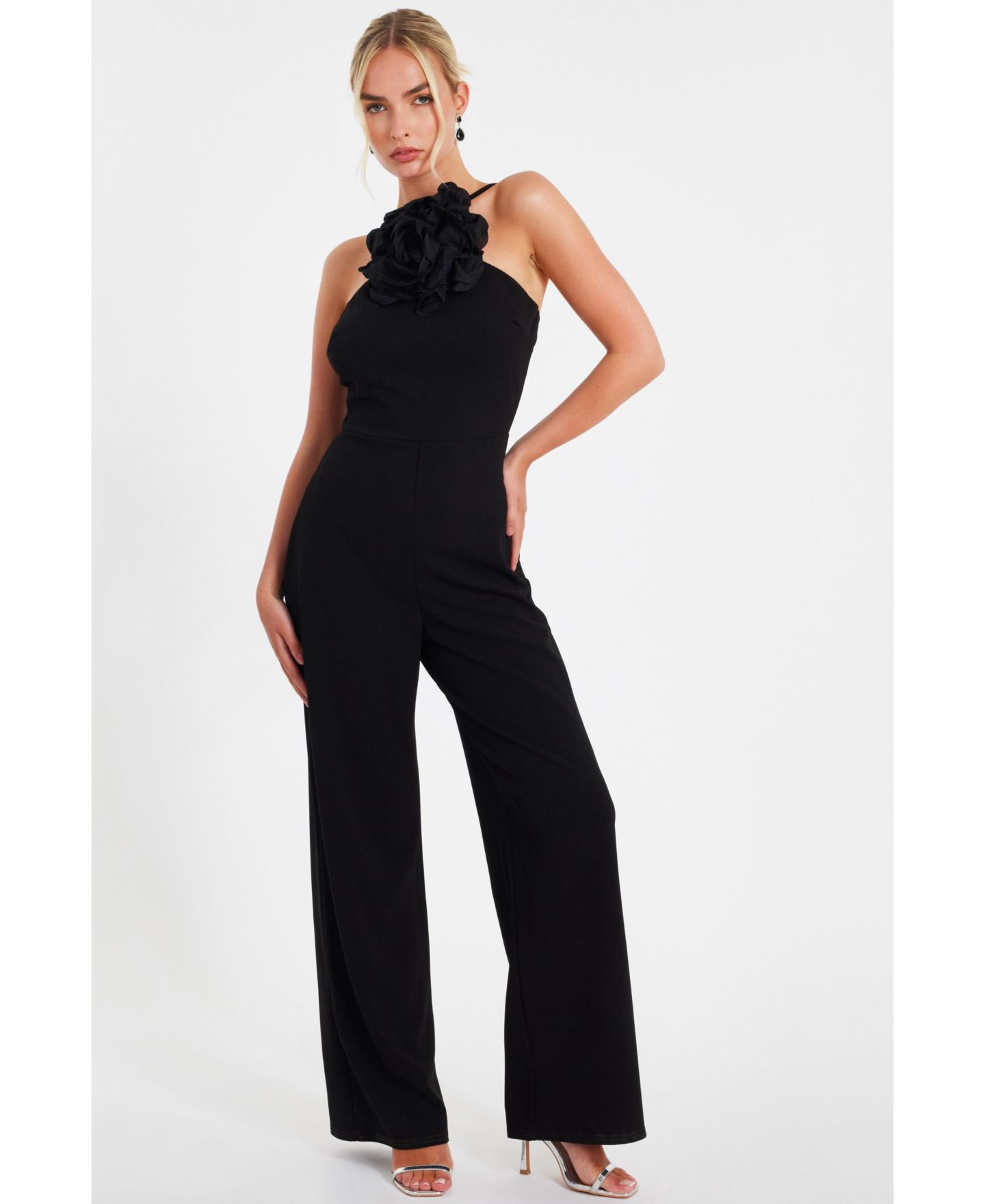 Женский комбинезон QUIZ Scuba Crepe Halter Neck Jumpsuit, цвет: Чёрный — фото 1