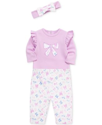 Baby Girls Pretty Bows Cotton Headband, Bodysuit & Pants Set 