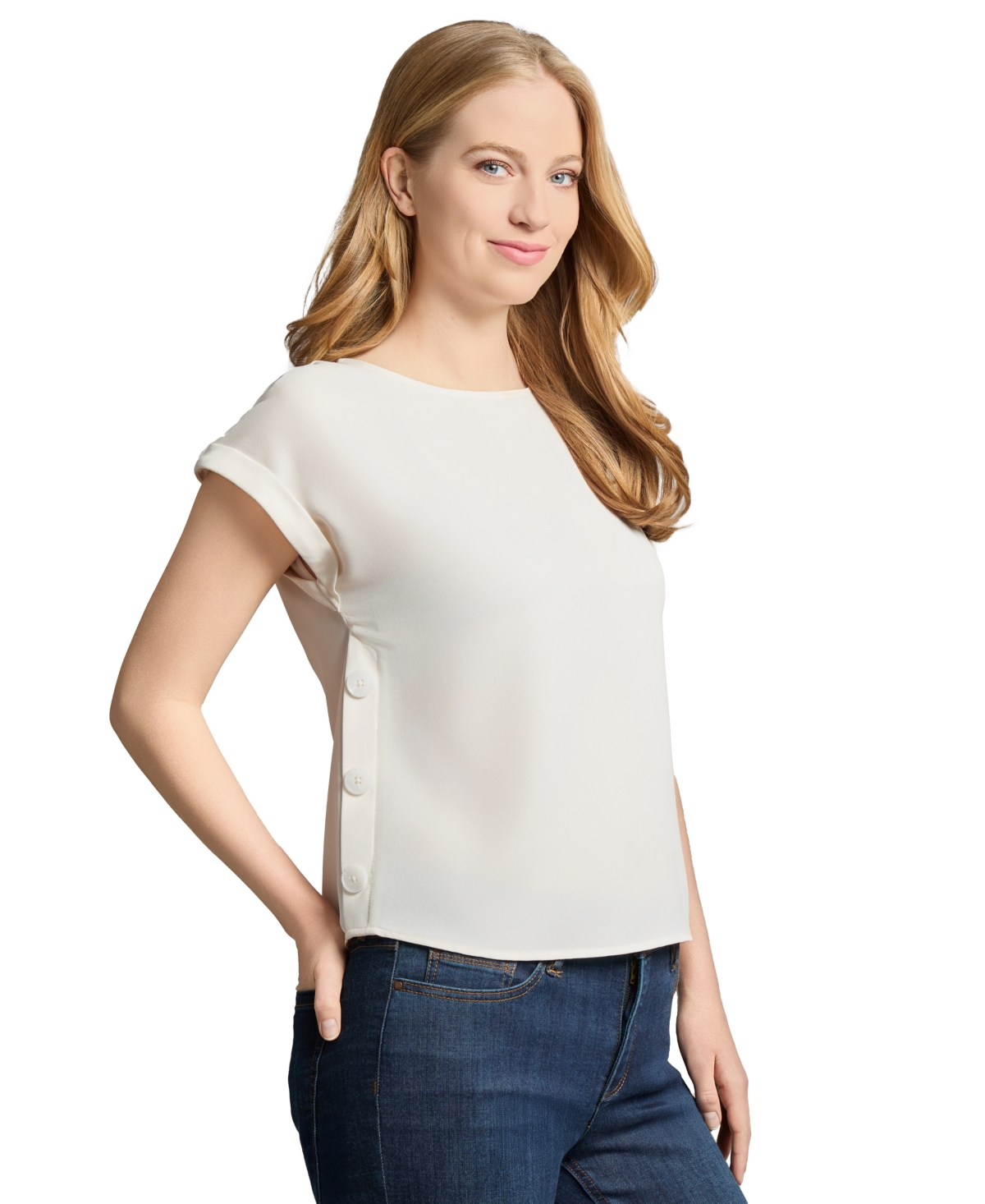 Jones New York Petite Round-neck Side-button Short-sleeve Top