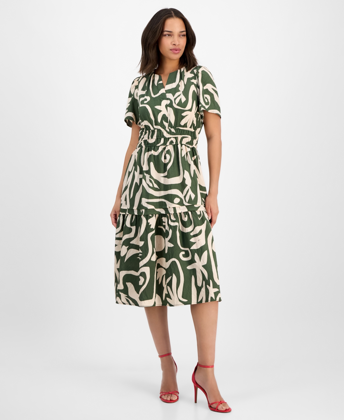 Women's Printed Smocked-Waist Midi Dress - Olive Tan