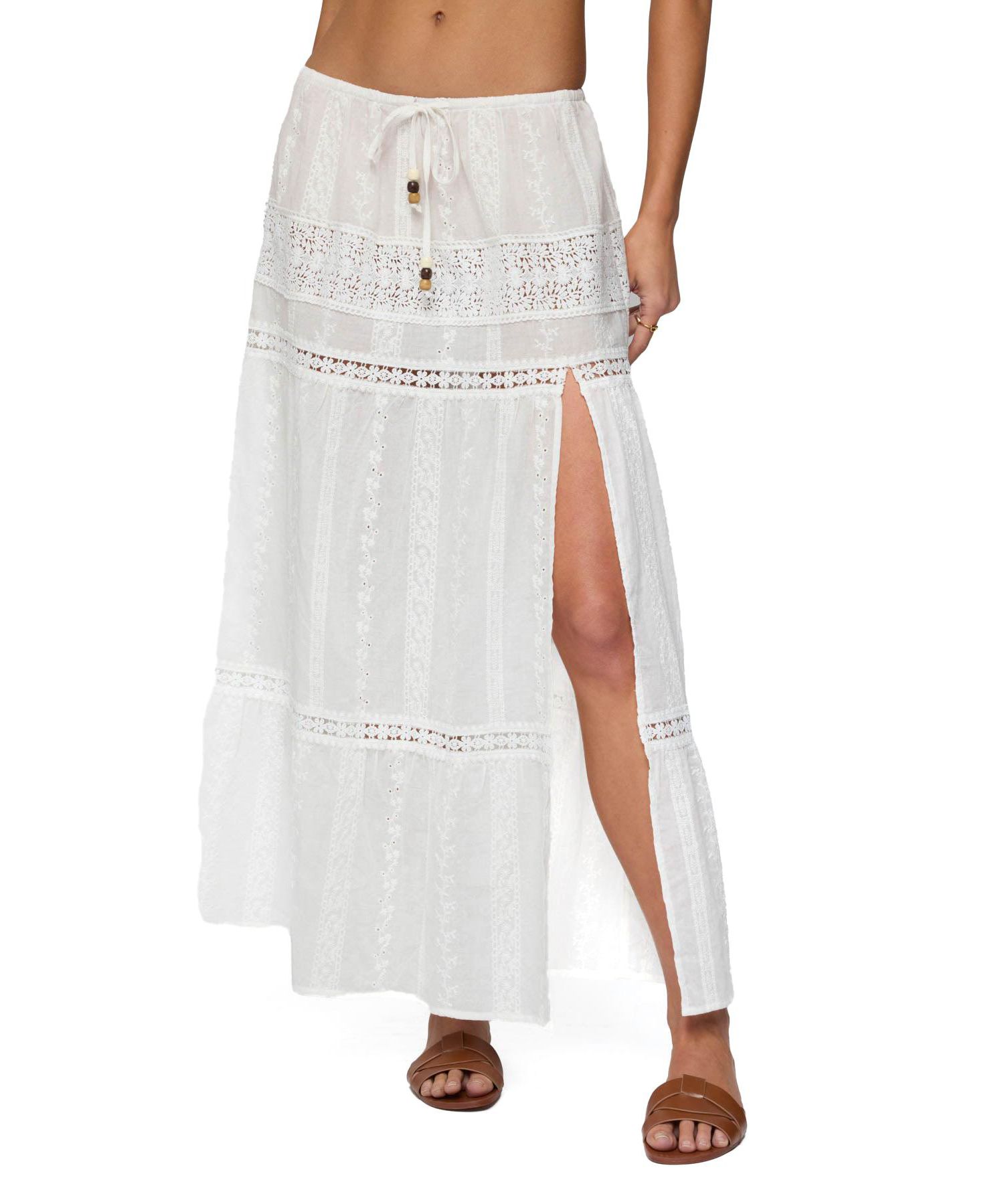 Women's Embroidered Cotton Lace Slitted Maxi Skirt