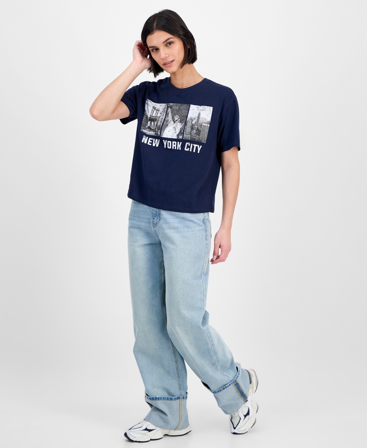 Rebellious One Juniors' Nyc Graphic Cropped T-shirt In Blue