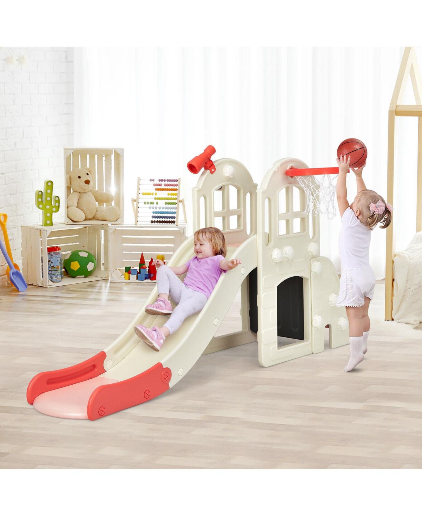 Детский игровой набор Mecale 6-in-1 Toddler Climber Slide Playset with Basketball Hoop, цвет: Красный — фото 2