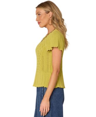 Petite Crochet Flounce-Sleeve Peplum Sweater